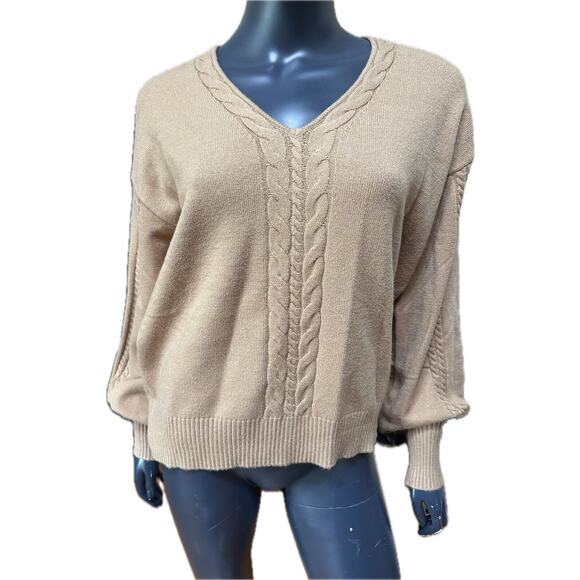 Ellen Tracy V-Neck Cable Knit Sweater Camel Tan NWT MSRP $89.00 Medium Plush - Picture 2 of 12